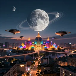 A city of the future with thin bridges floating in the air and big unknown flying machines. The top is bright and colourful, with domes and glowing peaks of buildings; the bottom is dark and almost melting in the twilight, with glowing bright signs. Several colossal-sized moons with amazing rings are visible,
