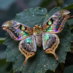 high quality macro photo iridescent cecropia moth! jeweled gorgeous! highly detailed concept art david ligare elson peter cinematic neon lighting high quality low angle hd 8k sharp shallow depth of field