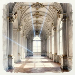 baroque arch hallway, pinterest, artstation trending, behance, watercolor, by coby whitmore, silver, laser light,
