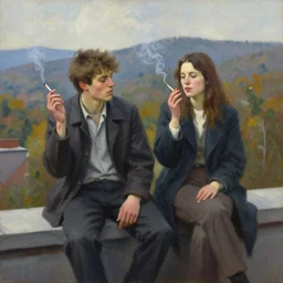 a young man and woman smoking cigarettes a rooftop, west virginia wilderness in the background oil on canvas painting by william sydney mount
