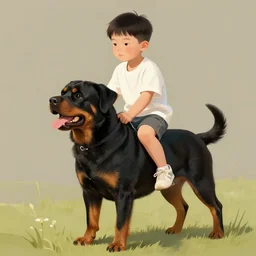 chinese boy riding on top of a rottweiler, digital painting