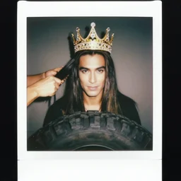 handsome tire - man with shiny and silky long hair getting hair styled with danny devito wearing a golden crown studded with sparkling diamonds, polaroid