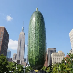 a giant cucumber stands in place of the empire state tower, in new york