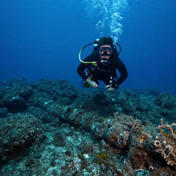 rocky sea floor, abandoned scuba diver