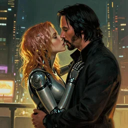 a cyberpunk 2077 couple portrait of Keanu Reeves & female android final kiss in the night city,love,art by John Collier and Albert Aublet and Krenz Cushart and Artem Demura and Alphonse Mucha,John Wick,Replicas,artstation,deviantart,FAN ART,Digital painting,face enhance,highly detailed,8K,octane,golden ratio,cinematic lighting