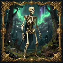 a detailed profile illustration of a skelleton standing in a forrest, bounty hunter portrait symmetrica, aurora lighting clouds and stars by beksinski carl spitzweg and tuomas korpi. baroque elements. baroque element. intricate artwork by moebius. Trending on artstation. 8k