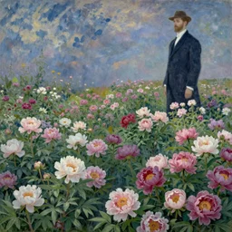 Rendering of a scene meadow full of peony，by Rene Magritte and Claude Monet, matte painting, trending on cgsociety and unreal engine，light effect，highly detailed，super wide angle,