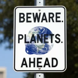 a street sign saying BEWARE. PLANETS AHEAD