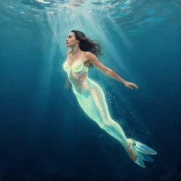 Full body photo of the beautiful woman Gal Gadot as a siren, she is swimming, she has a glow coming from her, she is getting illuminated for rays of light that cross the sea, the photo was taking by Annie Leibovitz, matte painting, oil painting, naturalism, 4k, 8k