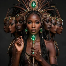 epic masterpiece portrait of a dark skin sorceress with a magic wand, african tribe, followed by heads with many faces, beautiful face and flawless skin, perfect hands, emeralds by Edgar Maxence and Ross Tran and Michael Whelan, Legends of Runeterra