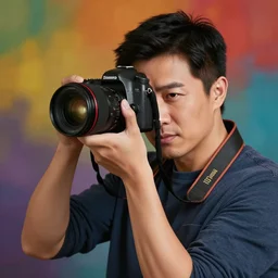 a man taking a picture with a dslr camera. colorful background