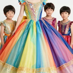 a close up photo of 4 boys wearing one giant majestical colorful dress