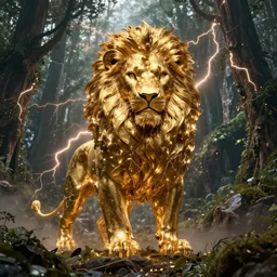 black lion's god with body made from gold lightnings surrounded by epic forest and mountains, colossal scale, epic cinematic shot, hyperdetails, 8k, by Evgeniy Antonenkov and raphael lacoste