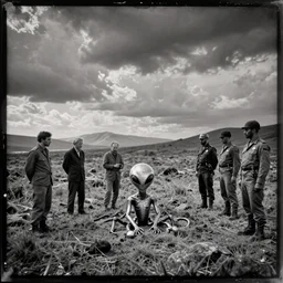 tintype, wide angle view, scientists and soldiers show captured alien specimen