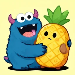 a demon bagel monster with fangs and a polka dot tongue is best friends with a pineapple monster and are giving each other hugs stylized as comedy and cute