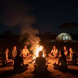 atmospheric night photograph of people celebrating sitting cross legged facing a fire, with a circular tent out of focus in the background, in the australian desert