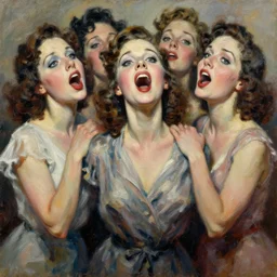 highly detailed expressionist oil painting of singing females, 4 0 s, from comedy movie, intricate, fictional character, dynamic pose, top lighting, realistic shaded, expressively loose brush strokes, impasto, 8 k realistic, hyper detailed, hyper detailed eyes, top lighting, art by norman rockwell
