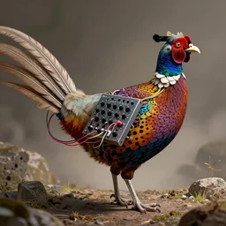 a scientific illustration of a cybernetic pheasant that is an eurorack modular synthesizer, with electronic colorful feathers, cables and knobs in its body. charles darwin