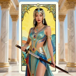 beautiful female desert nomad holding a katana, innovative avant - garde art, deco fashion, asian women, photorealistic portrait, crisp quality and light reflections, marble columns, transcendent, vibrant color, clean linework, finely detailed, tarot card with ornate border frame, 4 k, trending on artstation, volumetric lighting, octane render