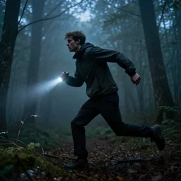 a smudged, scratched, grainy and blurry photograph showing the whole body of a young tall man dynamically and frenetically running from danger in the dark forest. in the foggy woods, night time, flash lights