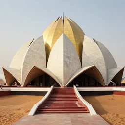 straircase of a futuristic lotus temple with gold, red and white marble panels, in the desert, by buckminster fuller and syd mead, intricate contemporary architecture, photo journalism, photography, cinematic, national geographic photoshoot