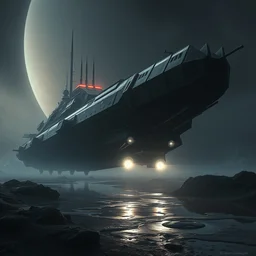 scifi soviet cargo spaceship in heavy armor, liminal space around, puddles of water, by simon stalenhag, by ian pesty and alena aenami and makoto shinkai, concept art, matte painting, washed colors,
