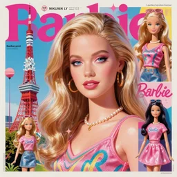 a woman as a barbie doll in tokyo, maximalist magazine collage art, retro psychedelic