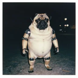 oversized cyborg terminator pug, in legnica, full body, nighttime, cinematic focus, polaroid photo, vintage, neutral dull colors, soft lights,, by gregory crewdson