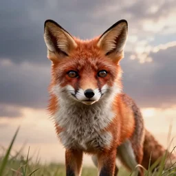 portrait of the cutest red fox ever, fluffy, cinematic view, epic sky, detailed, concept art, low angle, high detail, warm lighting, volumetric, godrays, vivid, beautiful, trending on artstation, by jordan grimmer, huge scene, grass, art greg rutkowski