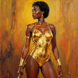 sc - fi exploitation movie poster from 7 0's, african dejah thoris seen from the side, gold bikini armor, acrylic painting, by leyendecker,