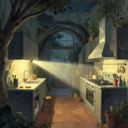 naive nerikomi, weird perspective, extra narrow, detailed illustration of a kitchen lit by flashlight in a scenic spiral environment by jesper ejsing, by rhads and lois van baarle and ilya kuvshinov and rossdraws