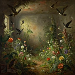 'Life from death' An aesthetic horror landscape painting depicting 'A slaughterhouse interior with plants and flowers growing all over it, birds and insects flying all around it' by Rembrandt, Trending on cgsociety artstation, 8k, masterpiece, cinematic lighting, highly detailed, vibrant colors.