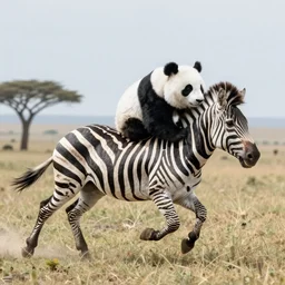 a zebra with a head of panda, running in savana, national geographic winning contest photo