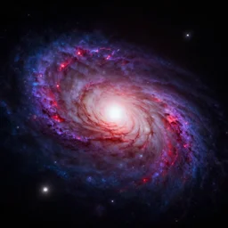 The grand ending of an ominous era outside an exoplanet in space with a clear view of a spiral galaxy in splashes of red, purple and dark blue in unreal engine