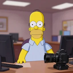 a homer simpson in the office, clear focus, bokeh effect, high res, hasselblad, dslr, professional, cinematic
