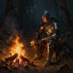 a digital painting of a knight, sitting by a campfire, matte painting, realistic, night time, dark forest, dark souls bonfire, in the style of greg rutkowski