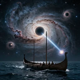 a medieval viking longboat rowing through an ocean that is a nebula, several supernovae in the background, distant black hole ejecting a near light speed stream of matter across the scene