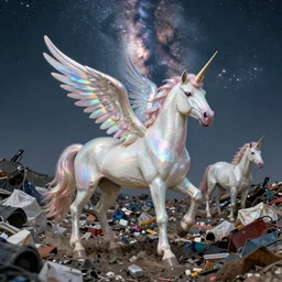 8 k capture scan of a iridescent unicorn with wings dancing in a garbage dump, the sky has the milky way, high textured, conceptual, photorealistic, illustration sharp