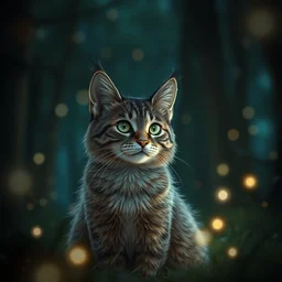 portrait of a cat in a forest at night with fireflies, trending on artstation, furry art, by kawacy, night lighting, digital art, dreamy, bokeh