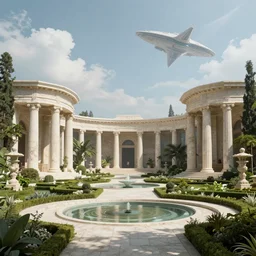 verdant classical garden based on the design of carlo scarpa in a future cuty made of travertine temples, aztec starship in the sky, sci-fi, light blue sky with clouds, dramatic matte painting, style by syd mead, 8k, octane render, photorealistic, hyperrealism