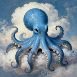smiling blue octopus in heaven. detailed. deep. masterpiece. rene magritte