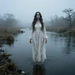 cinestill 5 0 d wide portrait of a dreamy dystopian beautiful woman by annie liebovitz floating in a riverbank shore land in highlands, foggy flooded swamp, long hair, wearing long lace, elegant, highly detailed, pale scary matt, soft blur, artstation, sharp focus, head in focus