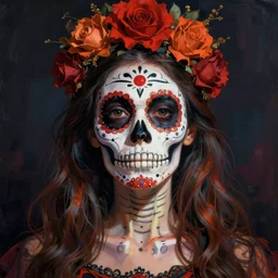 illustration of a sugar skull day of the dead girl, art by francis bacon