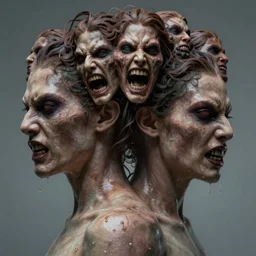 photo of  two bodys in one head with a terrifying and threatening multiple face, horror surreal art