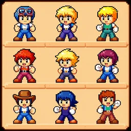 sprite sheet of a SNES game created by Akira Toritama, 6 different characters.