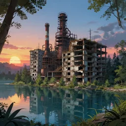 a beautiful photorealistic illustration of abandoned city building urbex industrial architecture unfinished building nature outpost by georgia o'keeffe, lake magic realism tokyo anime sunset forest evil water mercury, archdaily, wallpaper, highly detailed, trending on artstation.