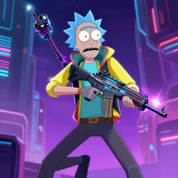 cyberpunk rick sanchez holding an alien assault rifle, dynamic pose, front view, neon lights, lens flare, alien technology, glowing lights, front game card, video game, dark, intricate, highly detailed, smooth, artstation, digital illustration by ruan jia and mandy jurgens and artgerm and wayne barlowe and greg rutkowski and zdislav beksinski