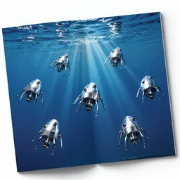 photograph of metal robotic zooplankton in blue water from scientific magazine