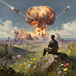 a man sitting on top of a rock covered hillside with flowers watching a nuclear explosion in a distant city, nuclear attack, missiles in sky, a detailed matte painting by filip hodas, cgsociety, fantasy art, artstation hq, vfxfriday, dystopian art