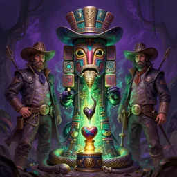 hyperreal totem snakeoil brand snake oil salesman petroleum cowboy totem aztek greeble tribal style heartstone cowboy snake stimulant salesman ornate fantasy dofus by Krzysztof Maziarz artstation wild west alchemical afrika mask color radiating a glowing aura, purple green color scheme Lois van baarle, ilya kuvshinov, rossdraws global illumination